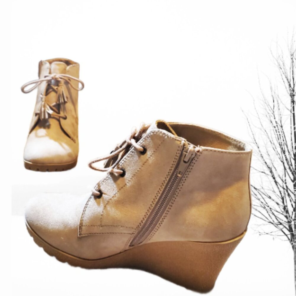 MIA Women Hinge Ankle Wedge Booties Comfort Beige-Tan Suede Zipper Boots SZ 8 M